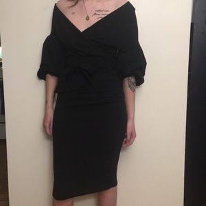 black knee high fitted offshoulder dress